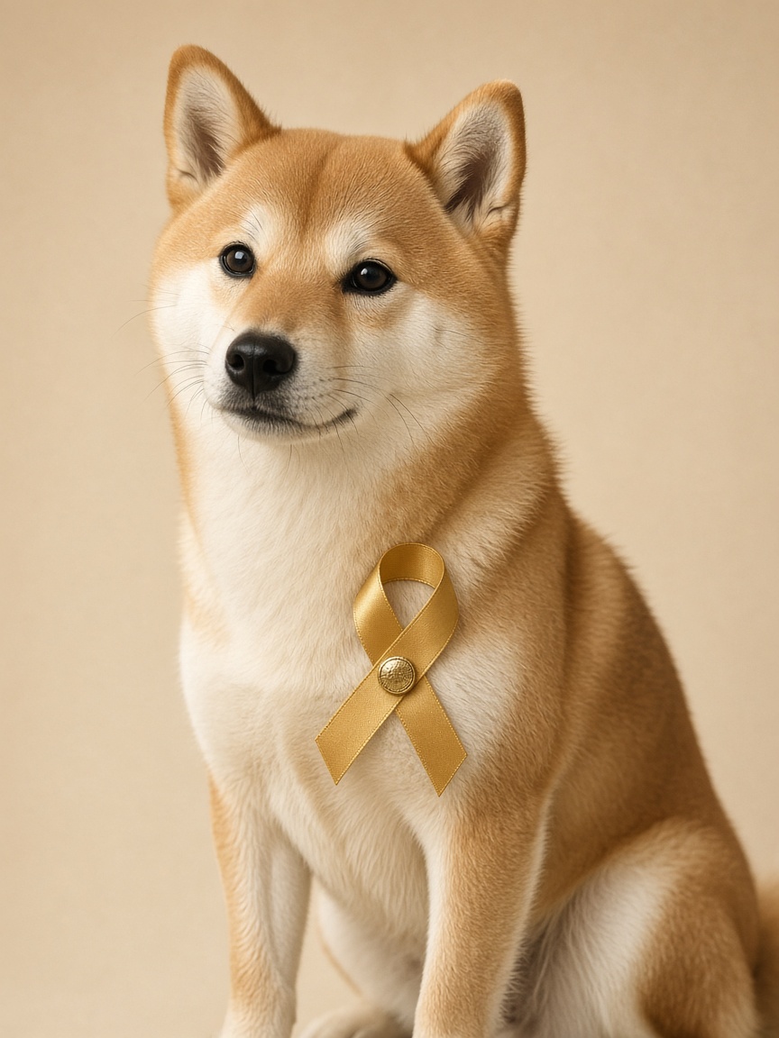 Hopey, the HopeCoin mascot — a Shiba Inu wearing a gold childhood-cancer awareness ribbon