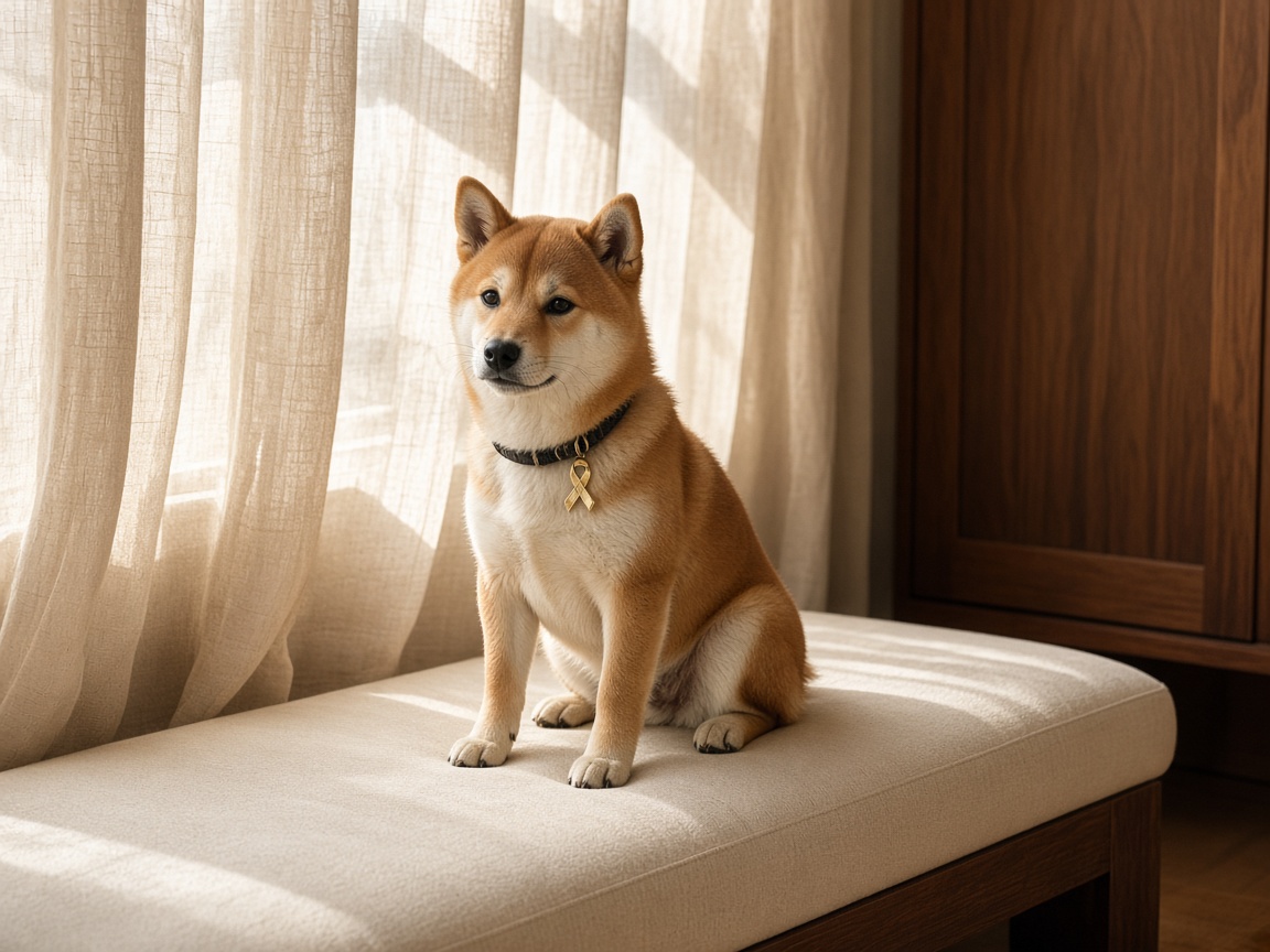 Hopey sitting in a sunlit room with a gold awareness ribbon